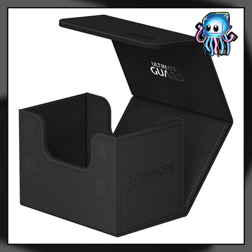 A black Ultimate Guard Sidewinder Deck Box that flips open to best protect TCG Pokemon Magic The Gathering MTG Riftbound Lorcana Gundam.