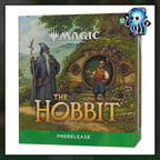 The Hobbit Prerelease kit that contains 6 The Hobbit Play Booster Packs, 1 special stamped promo rare or mythic card, and 1 D20 spindown dice for Magic the Gathering.