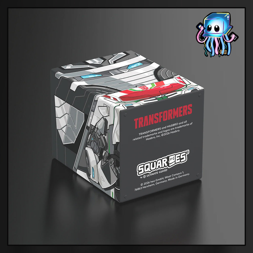 A stylized 3D render of a grey robotic cube box with red and green mechanical details, shown on a dark gradient background. A Wheeljack from Transformers made by Ultimate Guard deck box to best protect TCG Pokemon Magic The Gathering MTG Riftbound Lorcana Gundam.