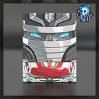 A stylized 3D render of a grey robotic cube box with red and green mechanical details, shown on a dark gradient background. A Wheeljack from Transformers made by Ultimate Guard deck box to best protect TCG Pokemon Magic The Gathering MTG Riftbound Lorcana Gundam.
