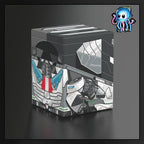 A stylized 3D render of a grey robotic cube box with red and green mechanical details, shown on a dark gradient background. A Wheeljack from Transformers made by Ultimate Guard deck box to best protect TCG Pokemon Magic The Gathering MTG Riftbound Lorcana Gundam.