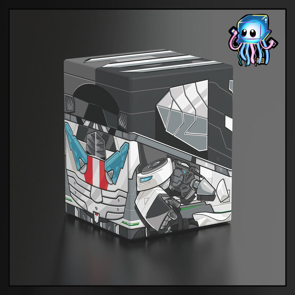 A stylized 3D render of a grey robotic cube box with red and green mechanical details, shown on a dark gradient background. A Wheeljack from Transformers made by Ultimate Guard deck box to best protect TCG Pokemon Magic The Gathering MTG Riftbound Lorcana Gundam.