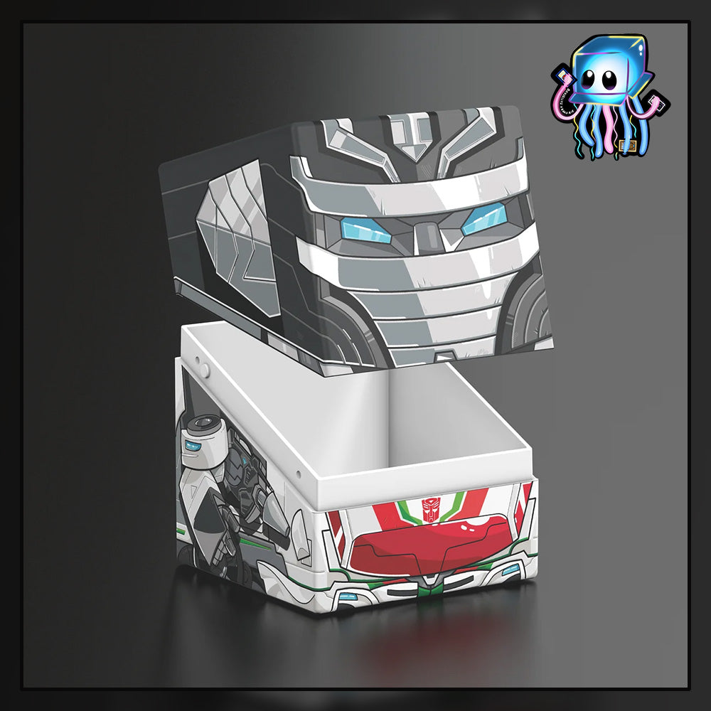 A stylized 3D render of a grey robotic cube box with red and green mechanical details, shown on a dark gradient background. A Wheeljack from Transformers made by Ultimate Guard deck box to best protect TCG Pokemon Magic The Gathering MTG Riftbound Lorcana Gundam.