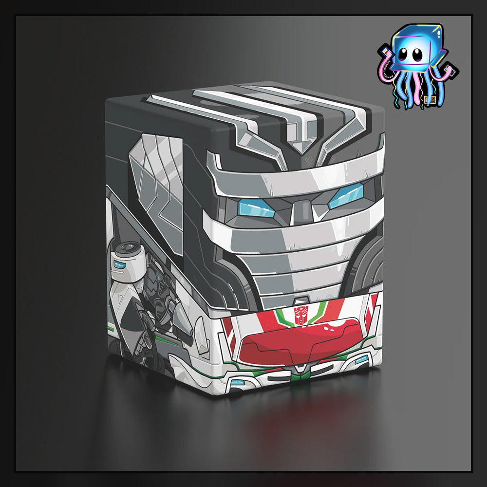A stylized 3D render of a grey robotic cube box with red and green mechanical details, shown on a dark gradient background. A Wheeljack from Transformers made by Ultimate Guard deck box to best protect TCG Pokemon Magic The Gathering MTG Riftbound Lorcana Gundam.