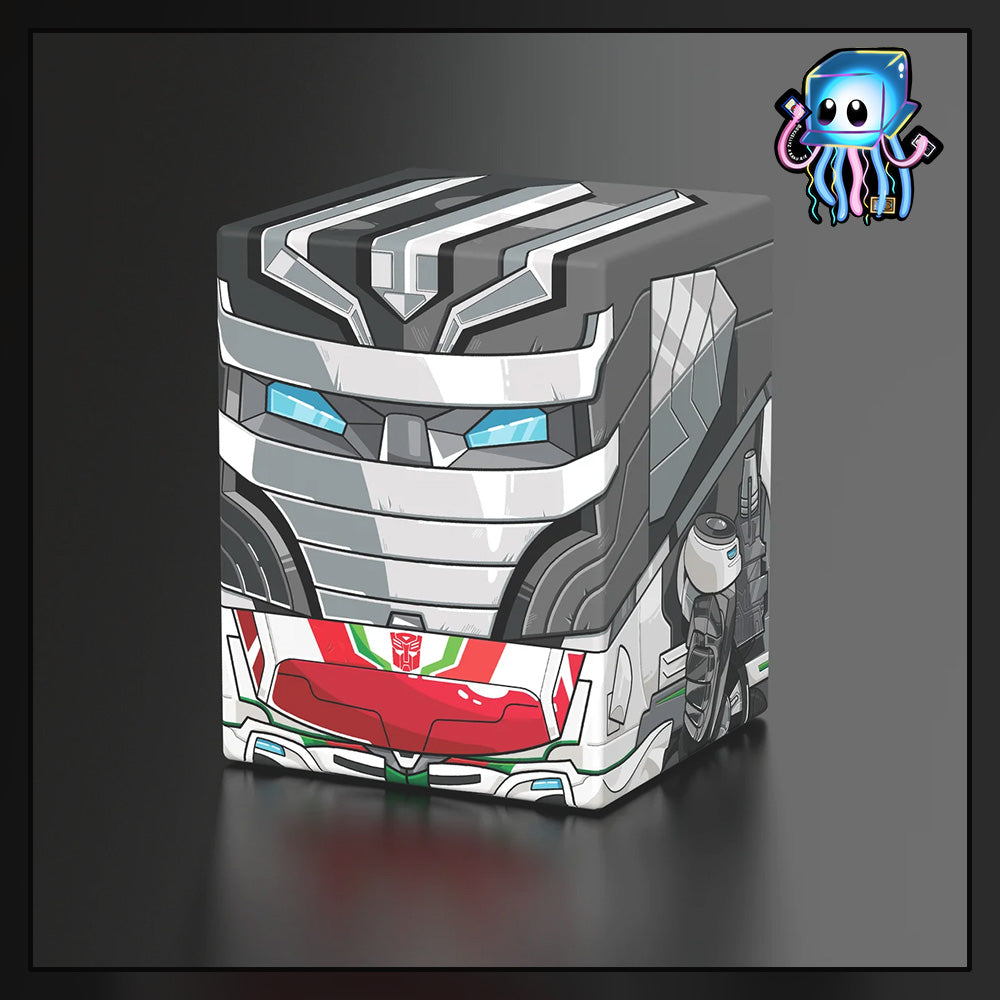 A stylized 3D render of a grey robotic cube box with red and green mechanical details, shown on a dark gradient background. A Wheeljack from Transformers made by Ultimate Guard deck box to best protect TCG Pokemon Magic The Gathering MTG Riftbound Lorcana Gundam.